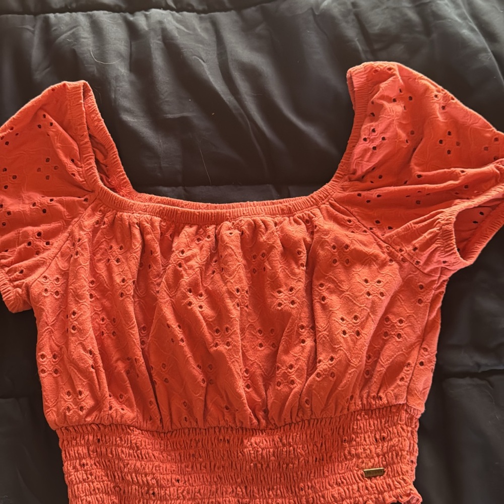 Hollister Coral Eyelet Puff Sleeve Blouse